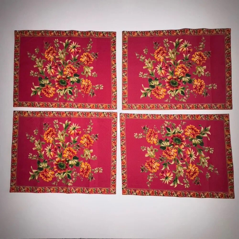 April Cornell Placemats Set of 4 Red Yellow Floral Leaf Border 14x19